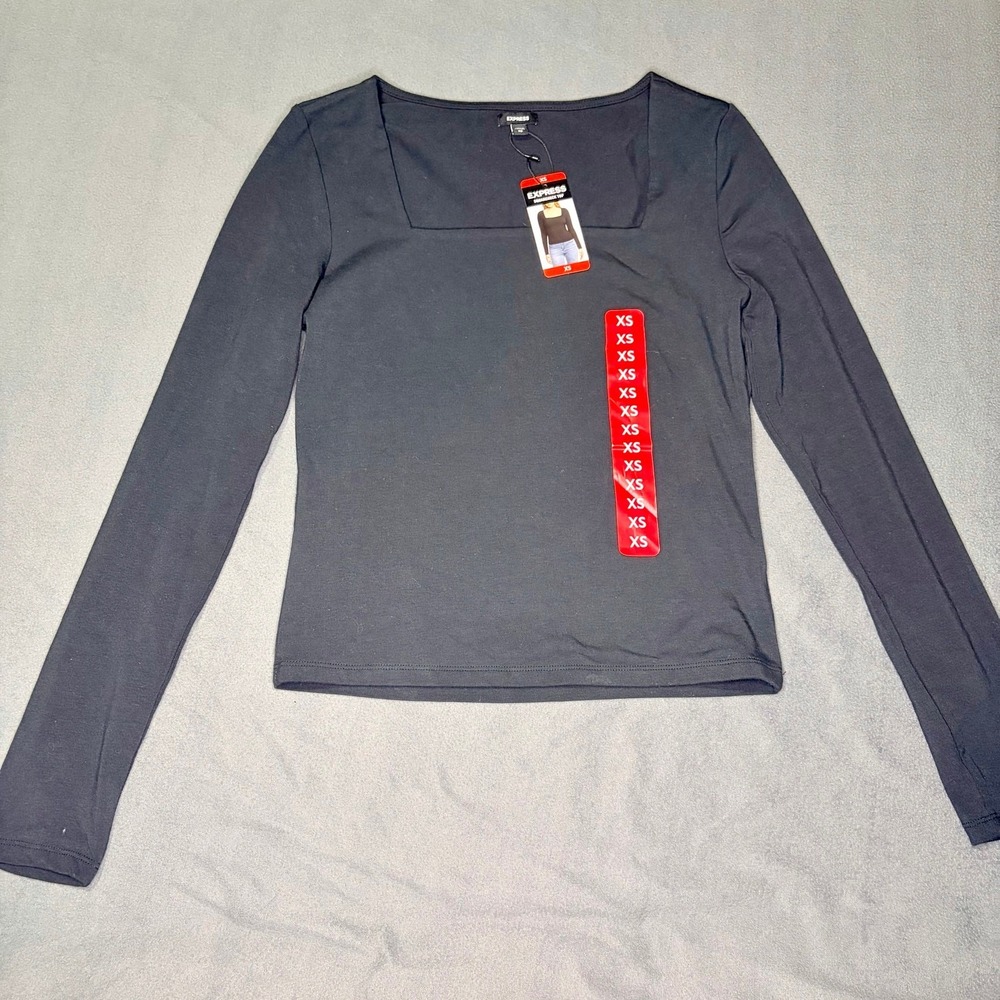 Express Top Square Neck Long Sleeve Black Fitted Basic XS NWT Classic Minimalist